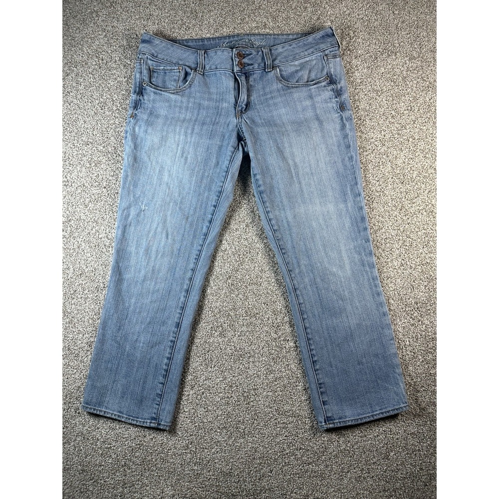 American Eagle Artist Crop Jeans Women 32 Blue Y2K Stretch Distress Light Wash